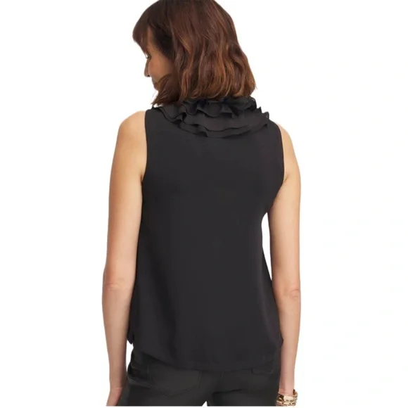 Size 1 Chico’s Ruffled Neck Sleeveless Tank Top in Black - Picture 4 of 9